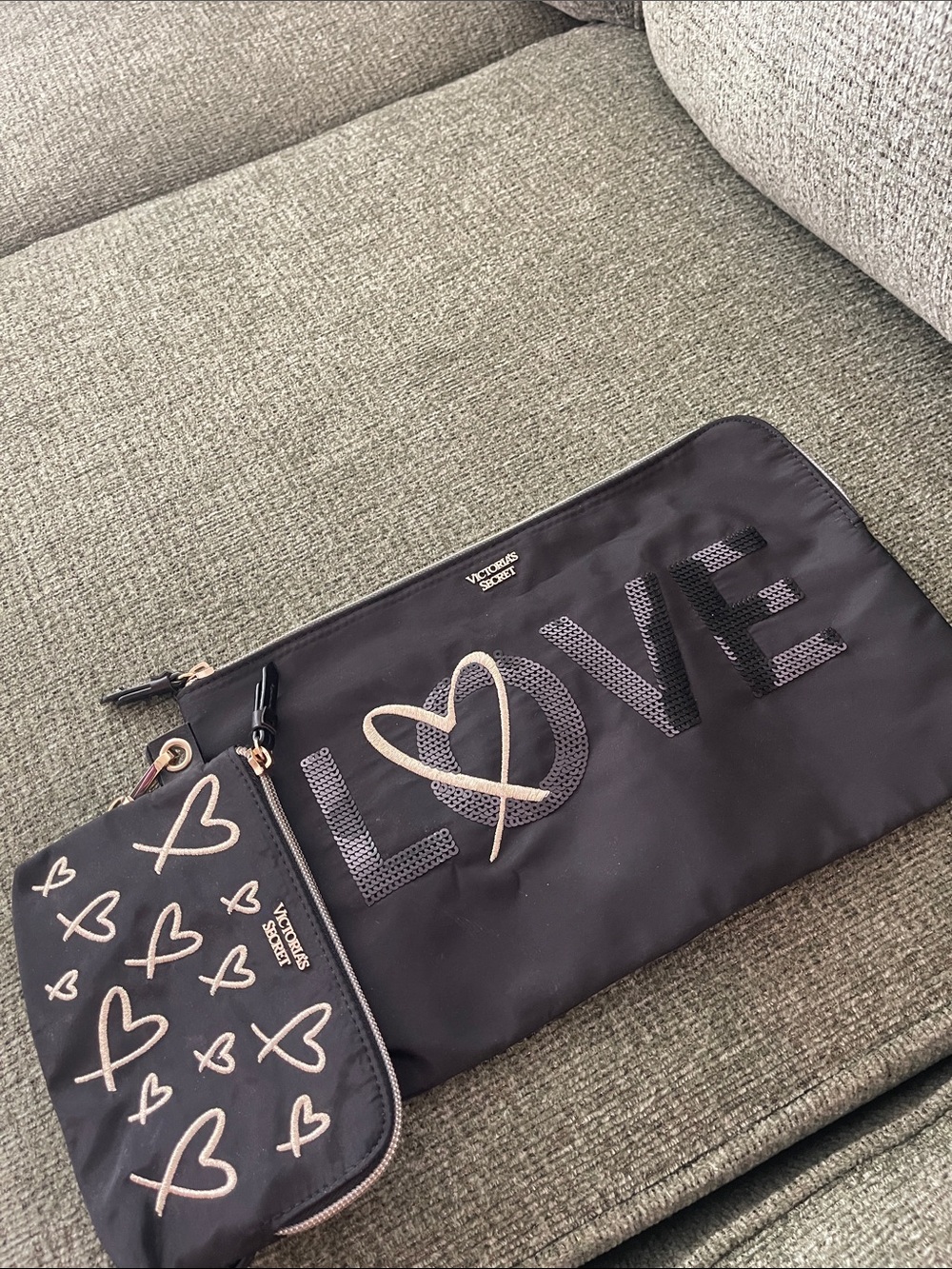 Victoria's Secret Black Cosmetic Zip Pouch Set with Rose-Gold Accents